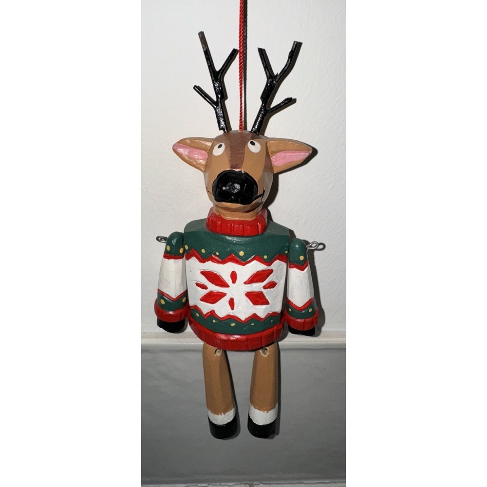Wooden Reindeer In Holiday Sweater Christmas Ornament With Dangle Legs - Picture 1 of 3